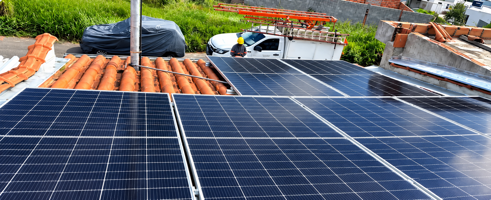 Instalação técnica em telhado com painéis solares